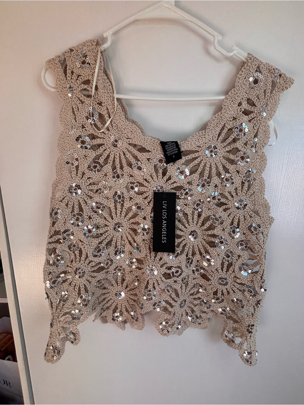 Beige Sequin Crochet Tank Top
